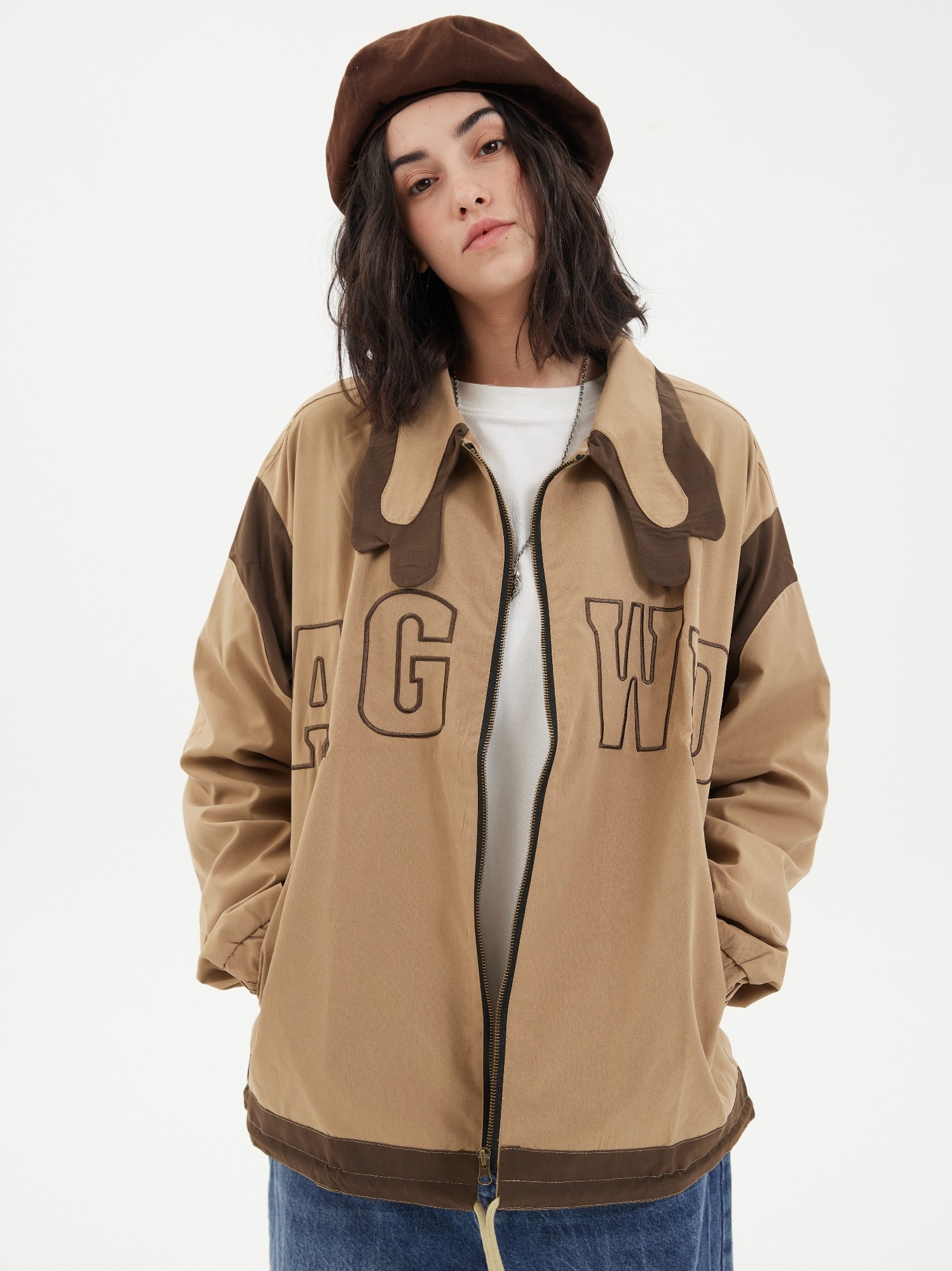 augenweide双色拼接异形刺绣男女通款情侣教练夹克夹克