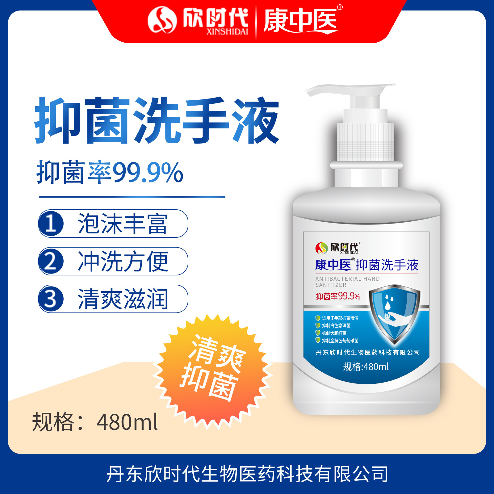 康中医抑菌洗手480ml字号家用儿童消毒杀菌滋润宝宝洗手液