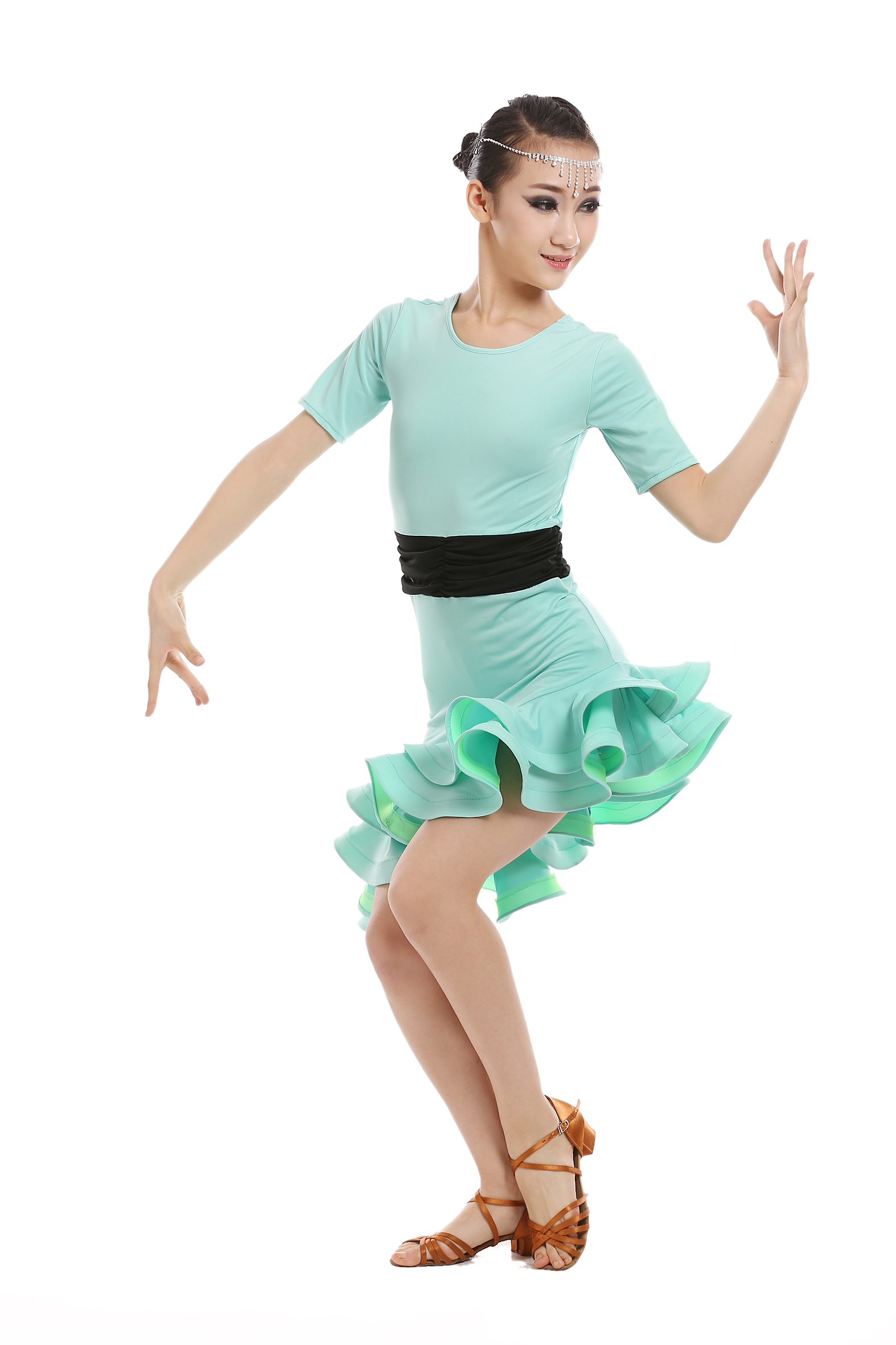 儿童短袖拉丁舞服2017春夏女童拉丁舞裙拉丁双层摆表演练功比赛服