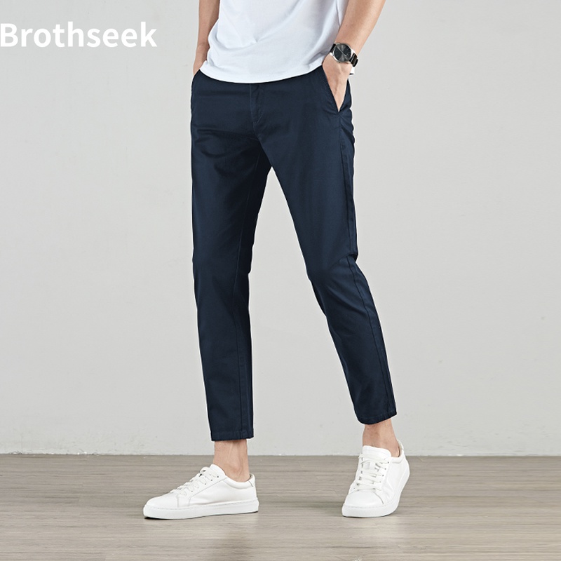 裤子男秋季新款修身小脚休闲裤男士潮流纯棉商务纯色弹力九分裤
