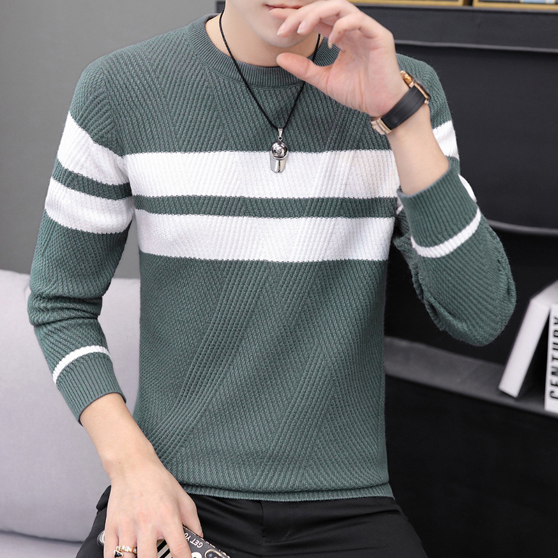 圆领毛衣男秋冬季个性潮流条纹打底衫男士修身加绒加厚针织衫上衣