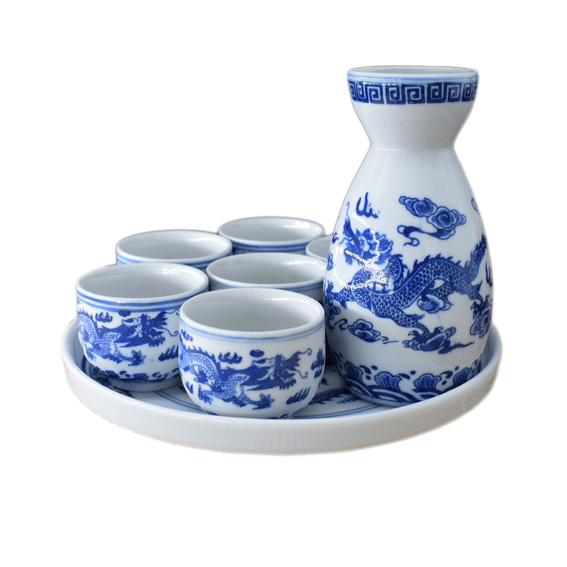 青花瓷酒具套装8件景德镇白酒陶瓷托盘家用分酒壶酒具套件