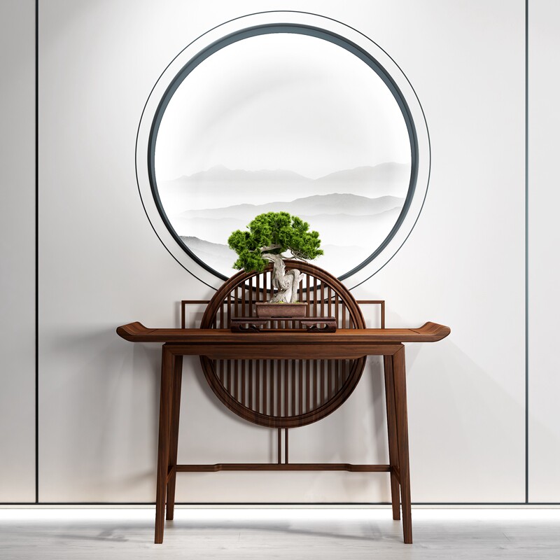 玄关端景装饰靠墙柜台禅意简约新中式实木入户门厅