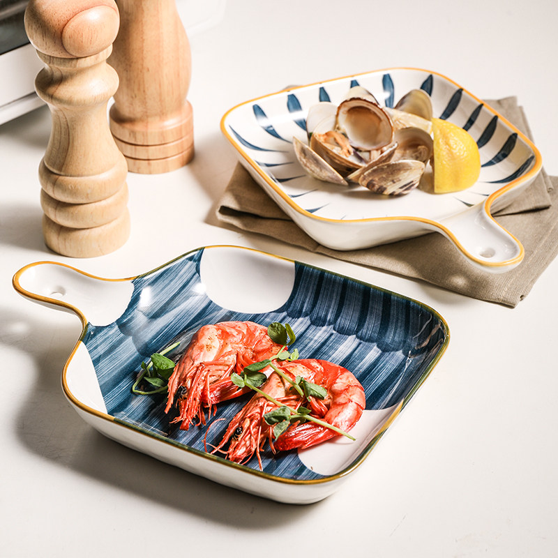 创意手把菜盘网红早餐盘子烘焙平盘餐具日式盘