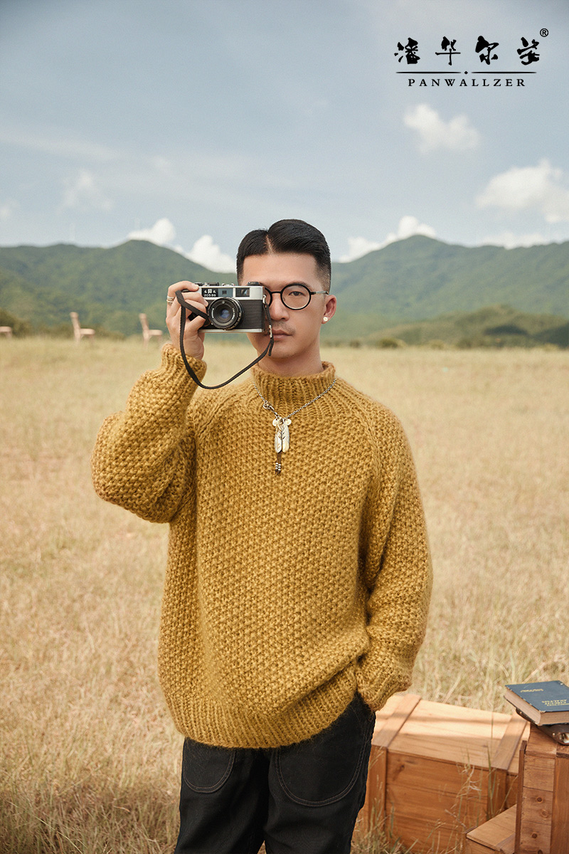 毛衣哥原创设计潘华尔姿手工姿粗针毛衣宽松高领柔软马海毛针织衫
