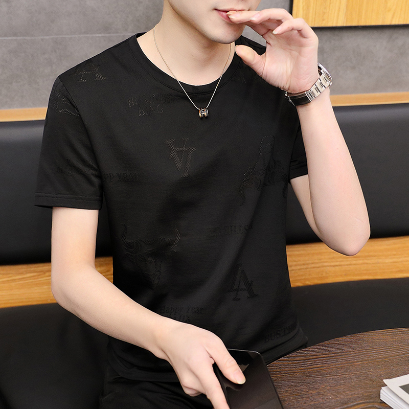 短袖t恤男潮牌ins韩版修身潮流夏季黑色男装上衣圆领冰丝休闲体恤