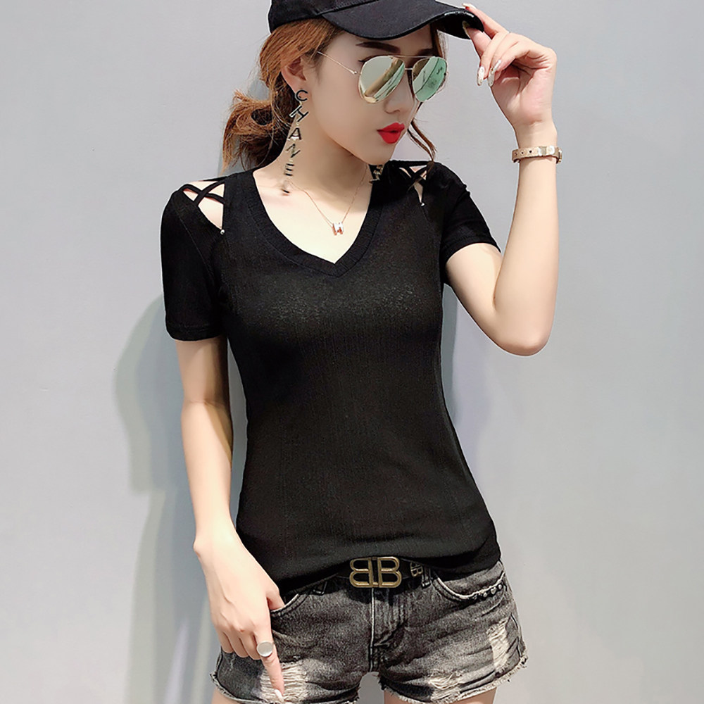 修身衣服性感镂空紧身百搭体桖半袖时尚新款t恤