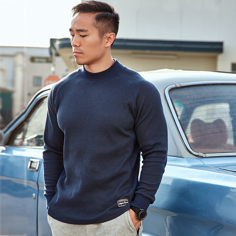 AlphaGym小高领拼罗纹长袖男 春款美式复古休闲运动华夫格套头衫