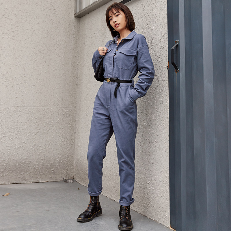 alphagym连体工装裤女ins潮流原创复古网红长袖连体衣