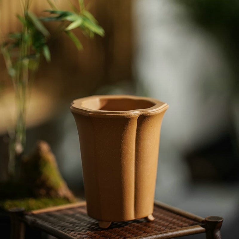 尚扣精品菖蒲紫砂花盆微型小号菱花足黄降坡花盆