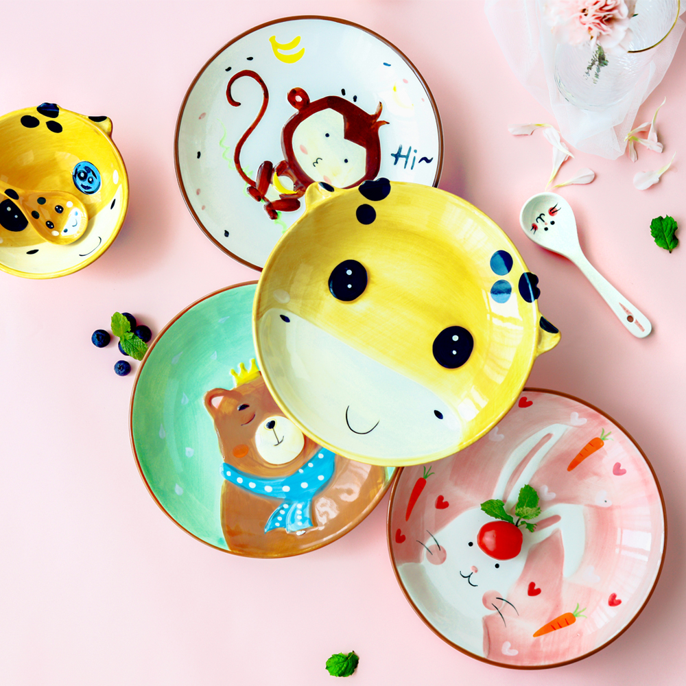 儿童卡通陶瓷餐具日式家用可爱动物早餐碗碟盘