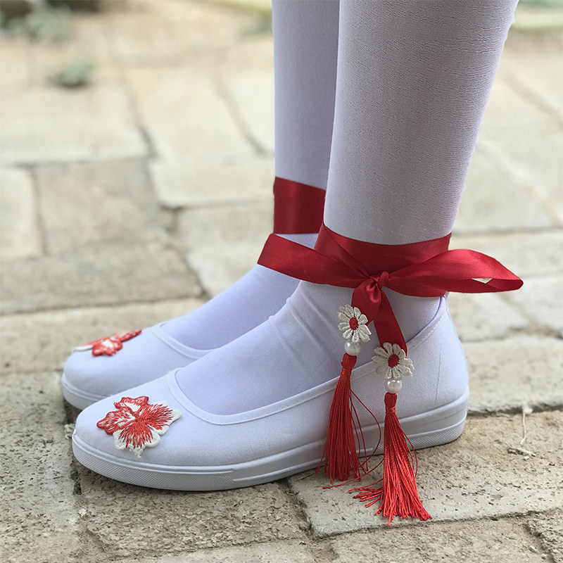 汉服配饰cos改良帆布刺绣学生鞋坡绑带舞蹈帆布鞋