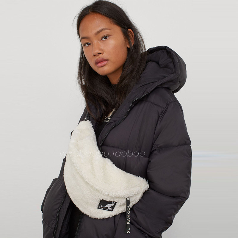 kangolhm联名限量秋冬乳白色刺绣毛绒腰包袋鼠通用款女包