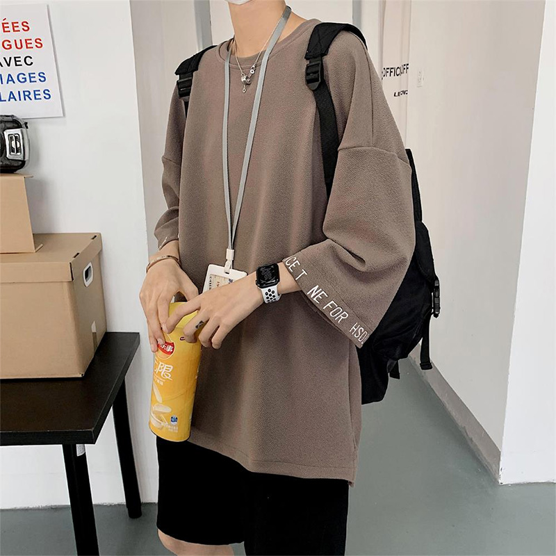 刺绣t恤男短袖简约百搭宽松大码七分袖夏季ins薄款青少年体恤上衣