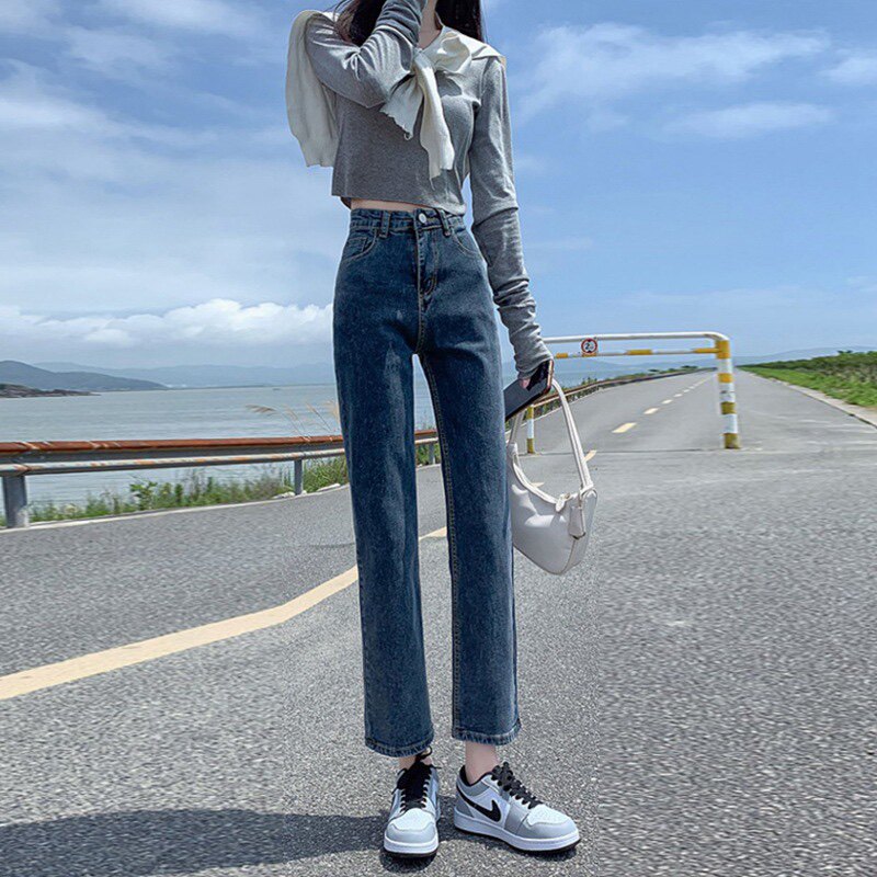 网红九分直筒裤女秋冬款韩版高腰显瘦外穿百搭弹力烟管牛仔裤女