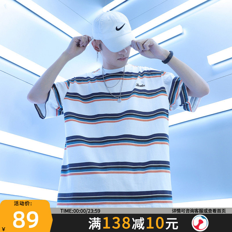夏条纹短袖t恤男潮牌宽松男士港风衣服纯棉2022新款潮流半袖上衣