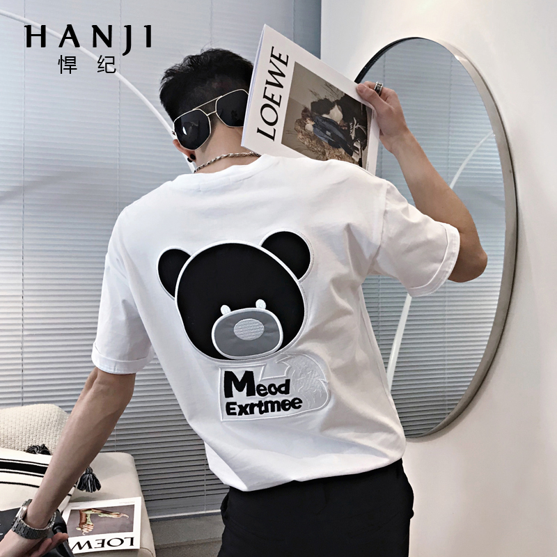 夏季男士短袖t恤韩版潮流小熊修身半袖体恤衫潮牌情侣装中袖上衣