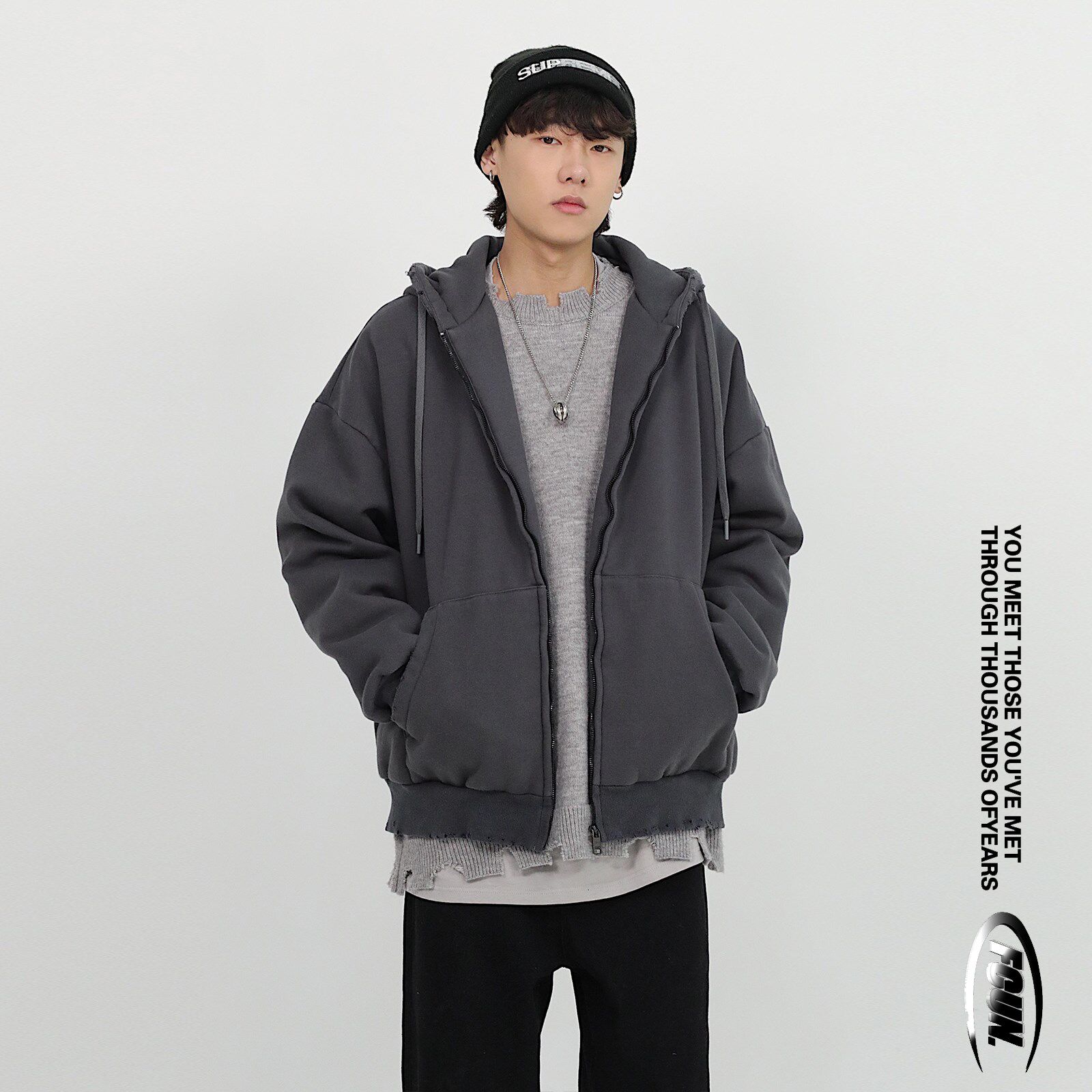 xinpeng2020冬季新款深灰色连帽开衫卫衣男加绒加厚水洗卫衣