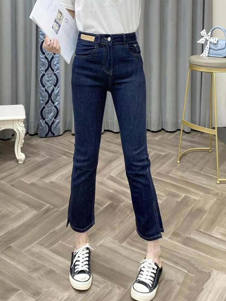微喇叭牛仔裤女士2022春秋新款弹力大码九分直筒裤高腰开叉烟管裤