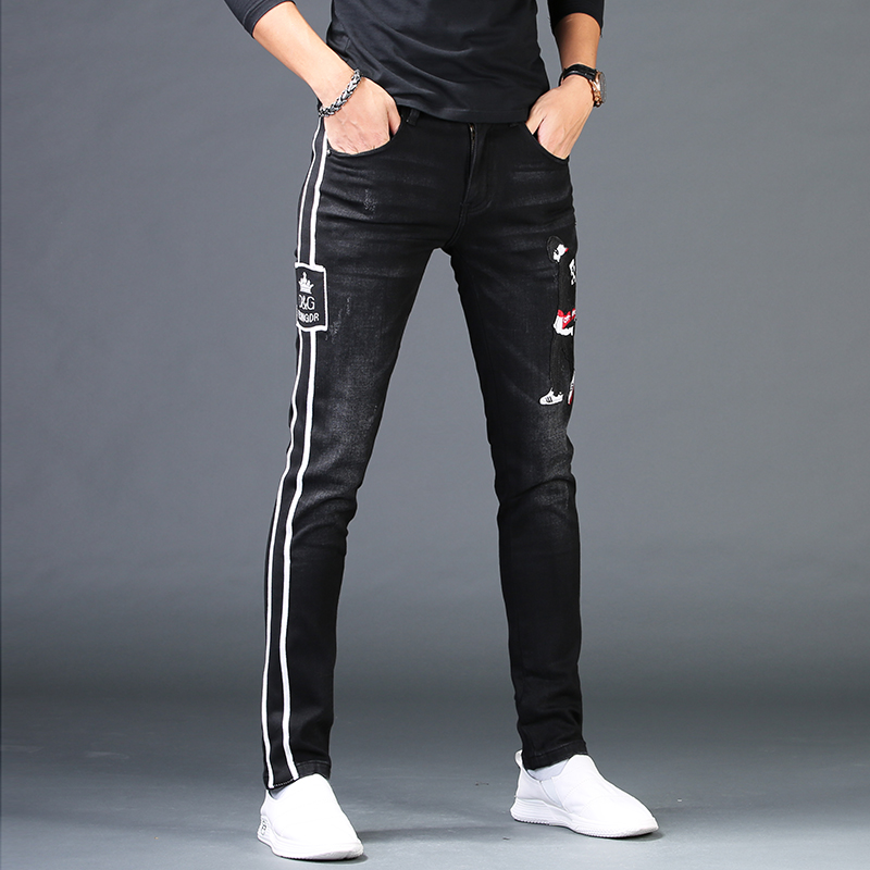 2021新款男士刺绣花牛仔裤男秋冬季修身小脚高端潮牌休闲裤子加绒