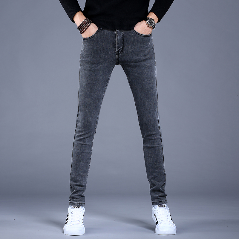 2021新款男士灰色牛仔裤男潮牌加绒修身小脚裤子弹力休闲紧身春秋