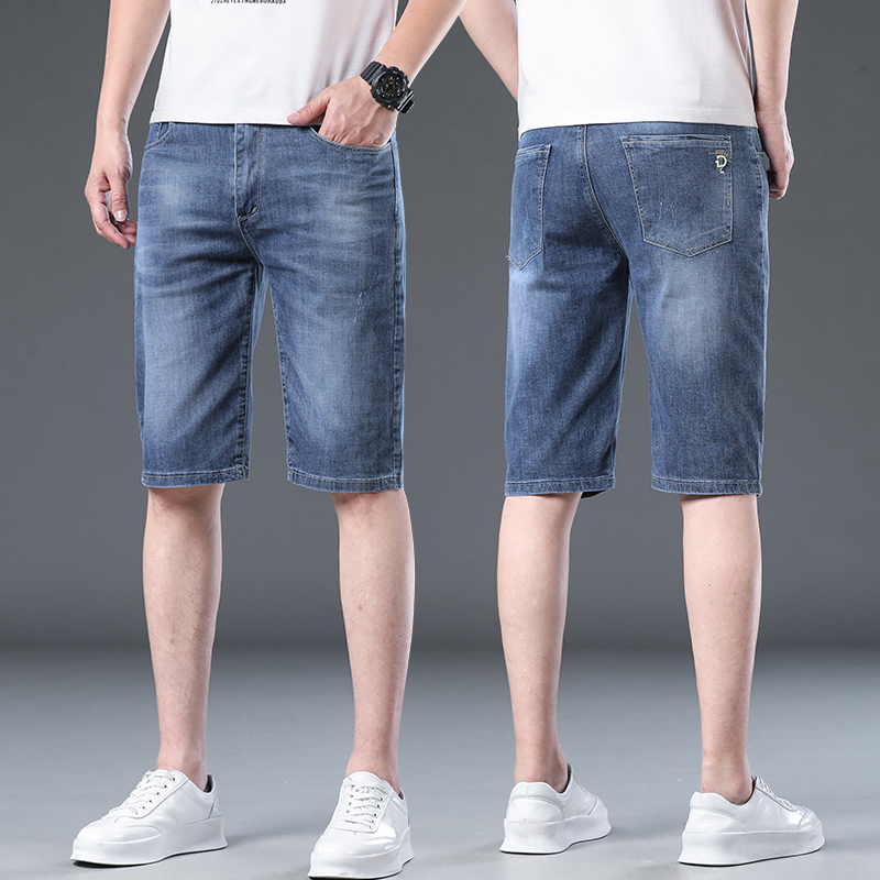 广州新塘镇浅色牛仔短裤男士五分夏季薄款修身直筒马裤休闲中裤子