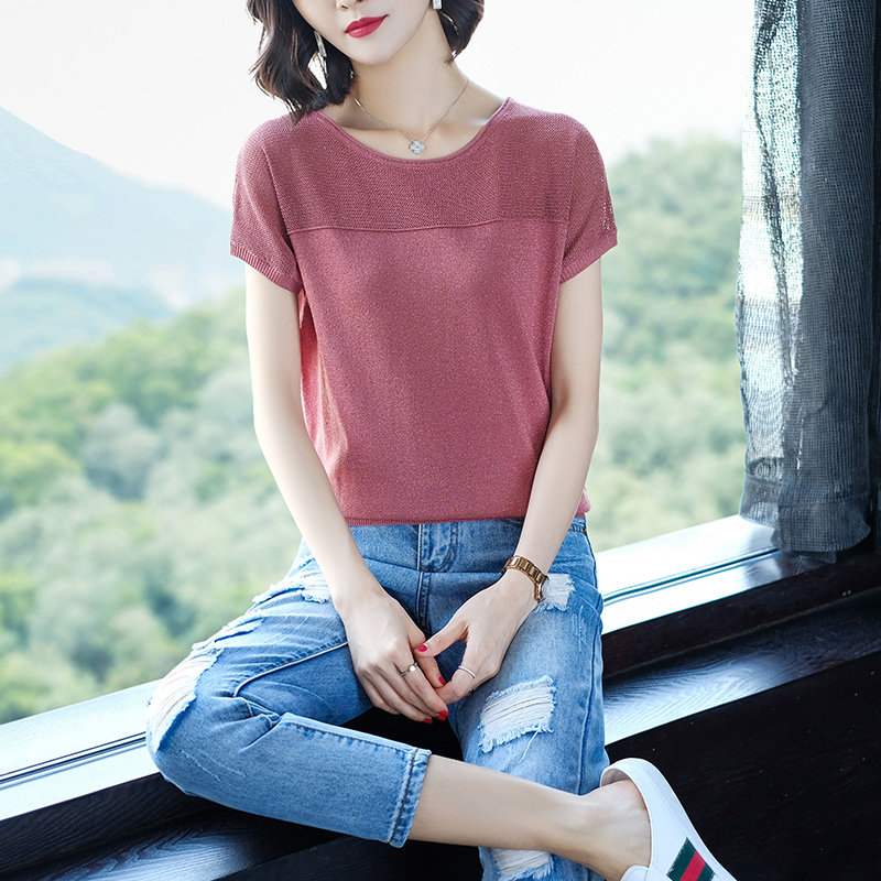 短袖t恤女夏装2019新款韩版宽松薄款冰丝上衣百搭短款亮丝针织衫