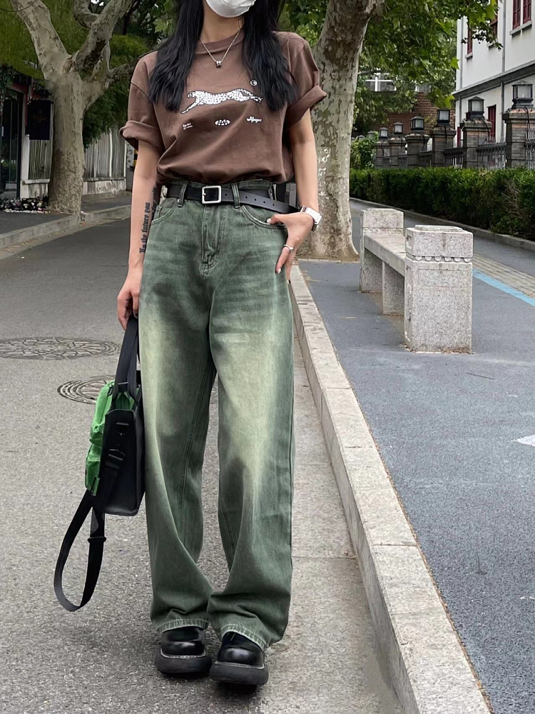复古绿色牛仔裤女秋冬加绒大码胖mm直筒高腰显瘦宽松阔腿拖地裤潮