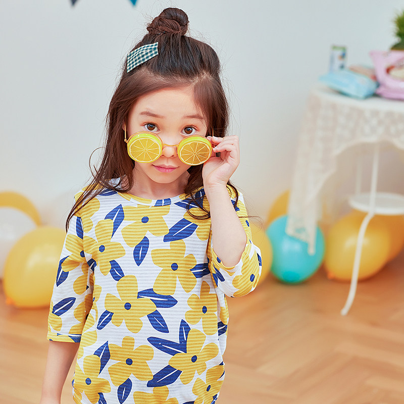 kiskiss纯棉半袖七分儿童空调女童薄男睡衣夏款家居服套装