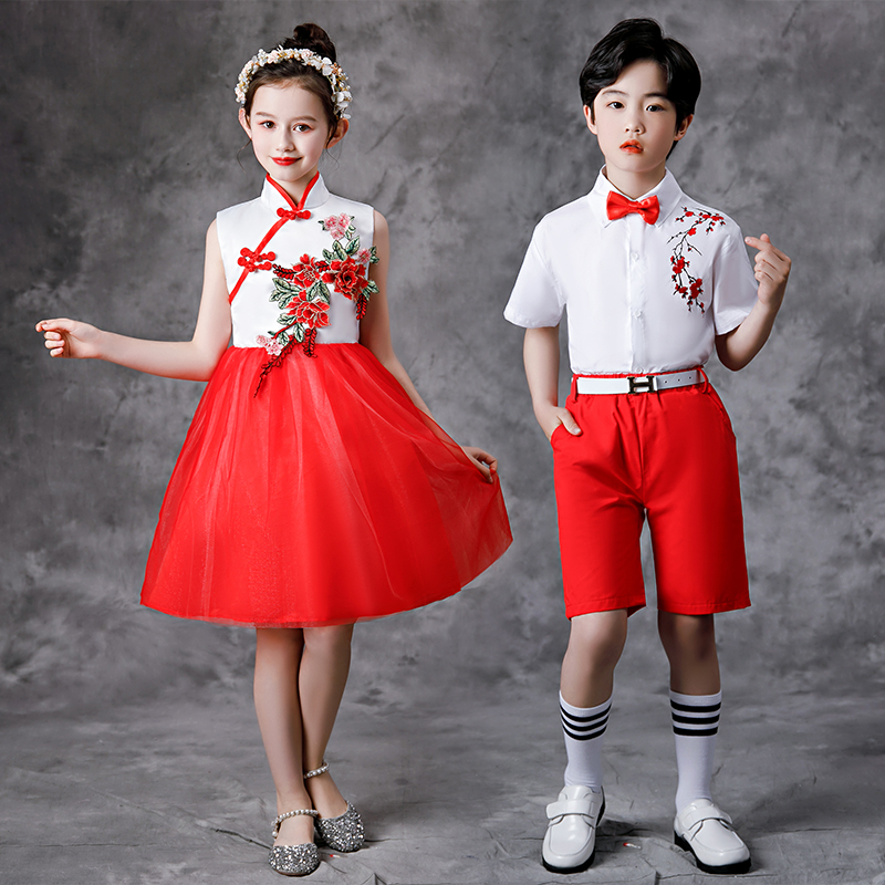 六一儿童节表演中小学生大合唱男女女童蓬蓬幼儿园中国红舞儿童演出服