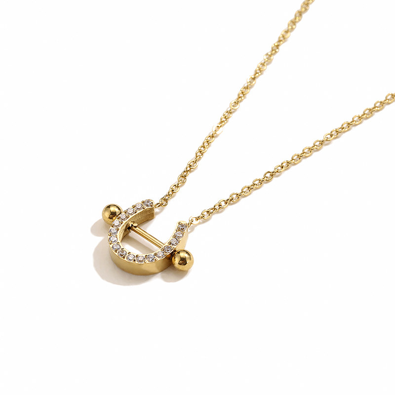 微镶满钻马蹄型吊坠项链链钛ipg14k镀金气质设计项链