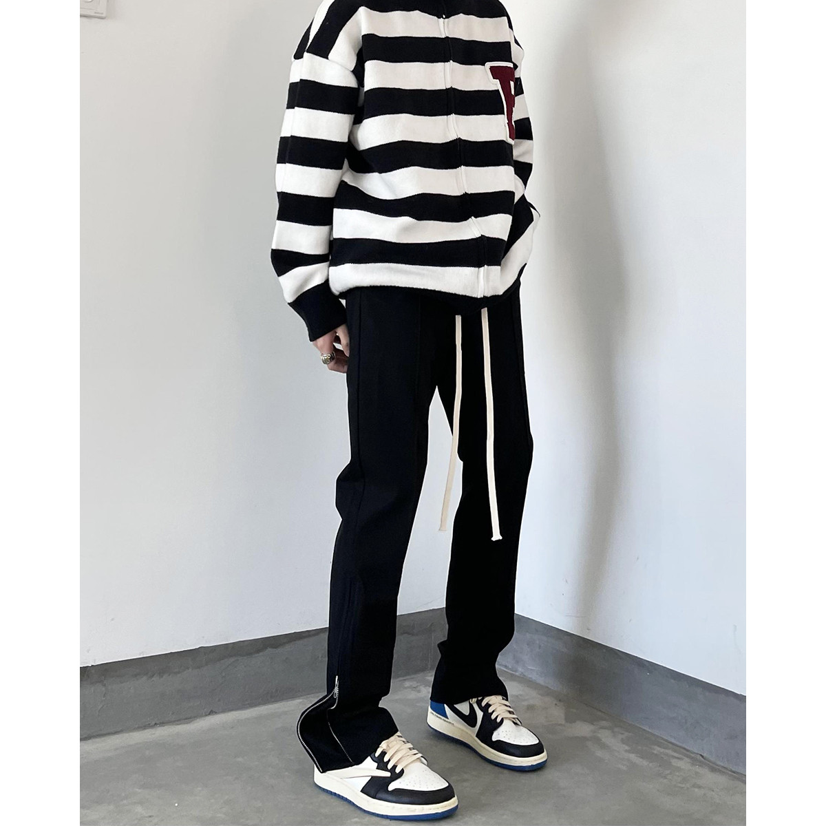 高街侧边拉链裤子男ins潮牌夏季直筒休闲西裤显瘦修身垂坠感长裤