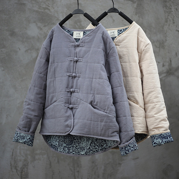 冬季盘扣纯麻布衣手工国风中国青花棉袄棉服棉衣