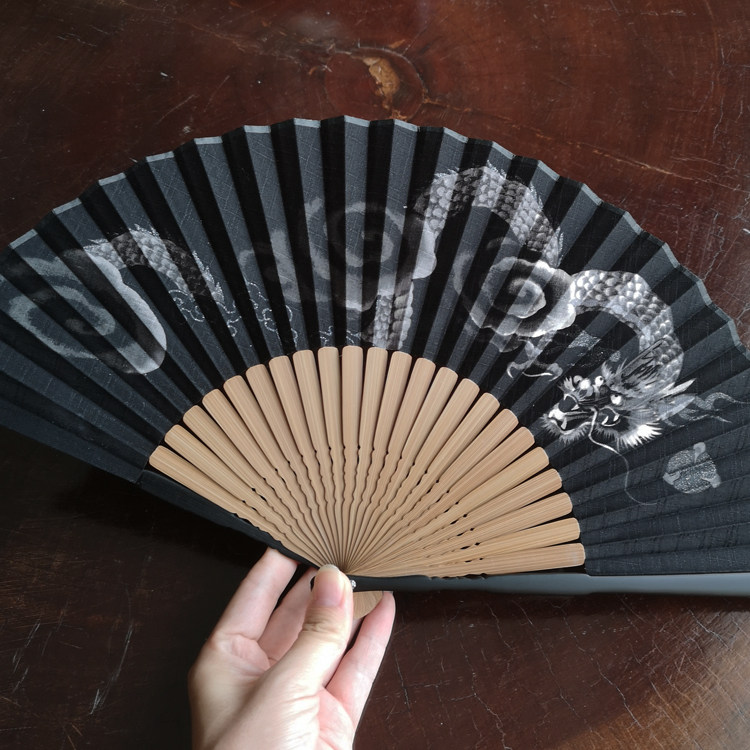 出口日本高档手工折扇竹扇简约大气黑色棉布男款扇子