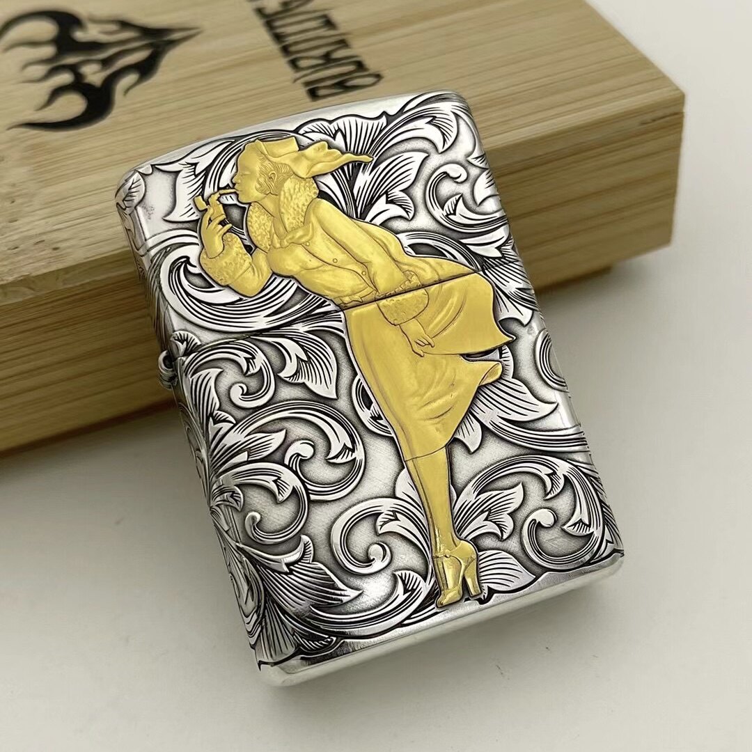 zippo防风打火机蚊版纯银盔甲镶金24k风中女郎正品zippo