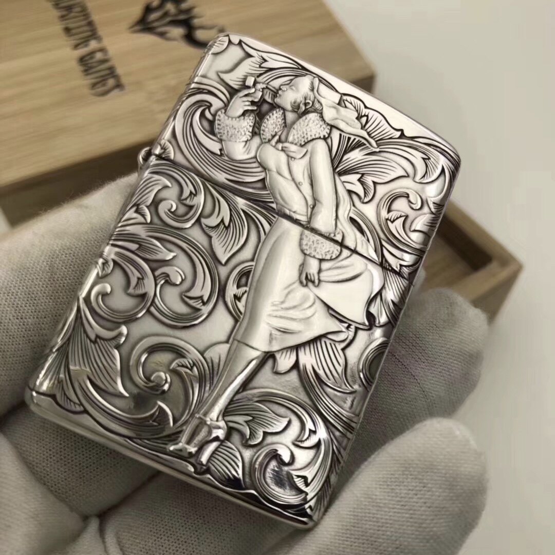 zippo防风打火机蚊版高端五面浮雕唐草风中女郎风女zippo