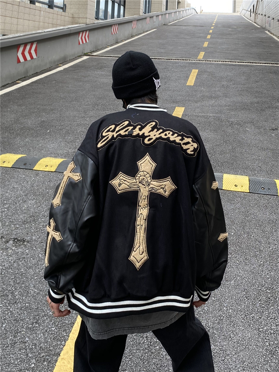 美式街头潮牌皮袖十字架刺绣vibe风棒球服外套高街复古宽松夹克男