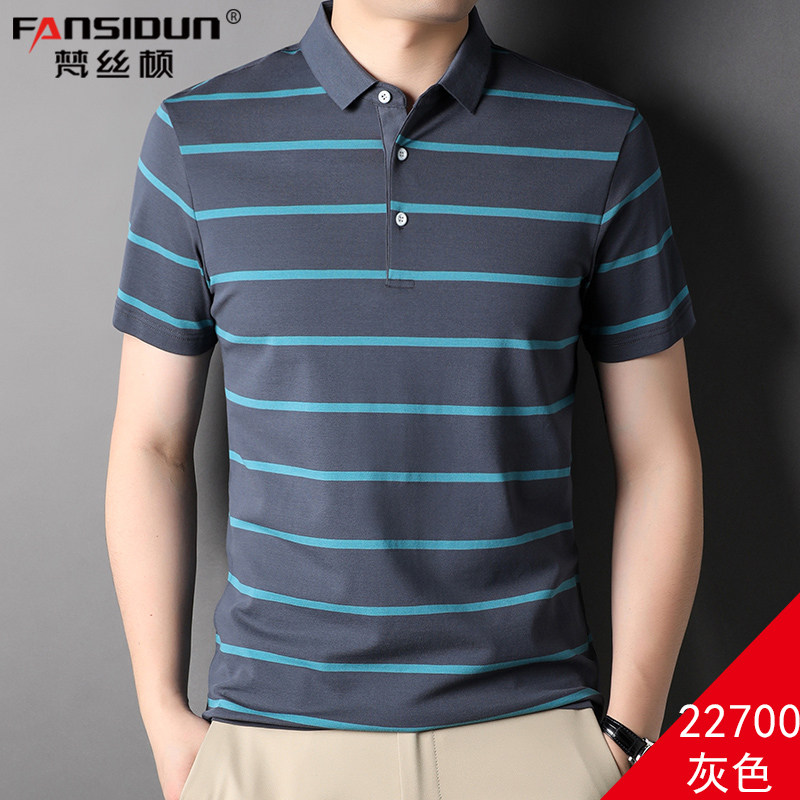 纯棉衫青领上半袖夏季中年polo条纹简单领子t恤