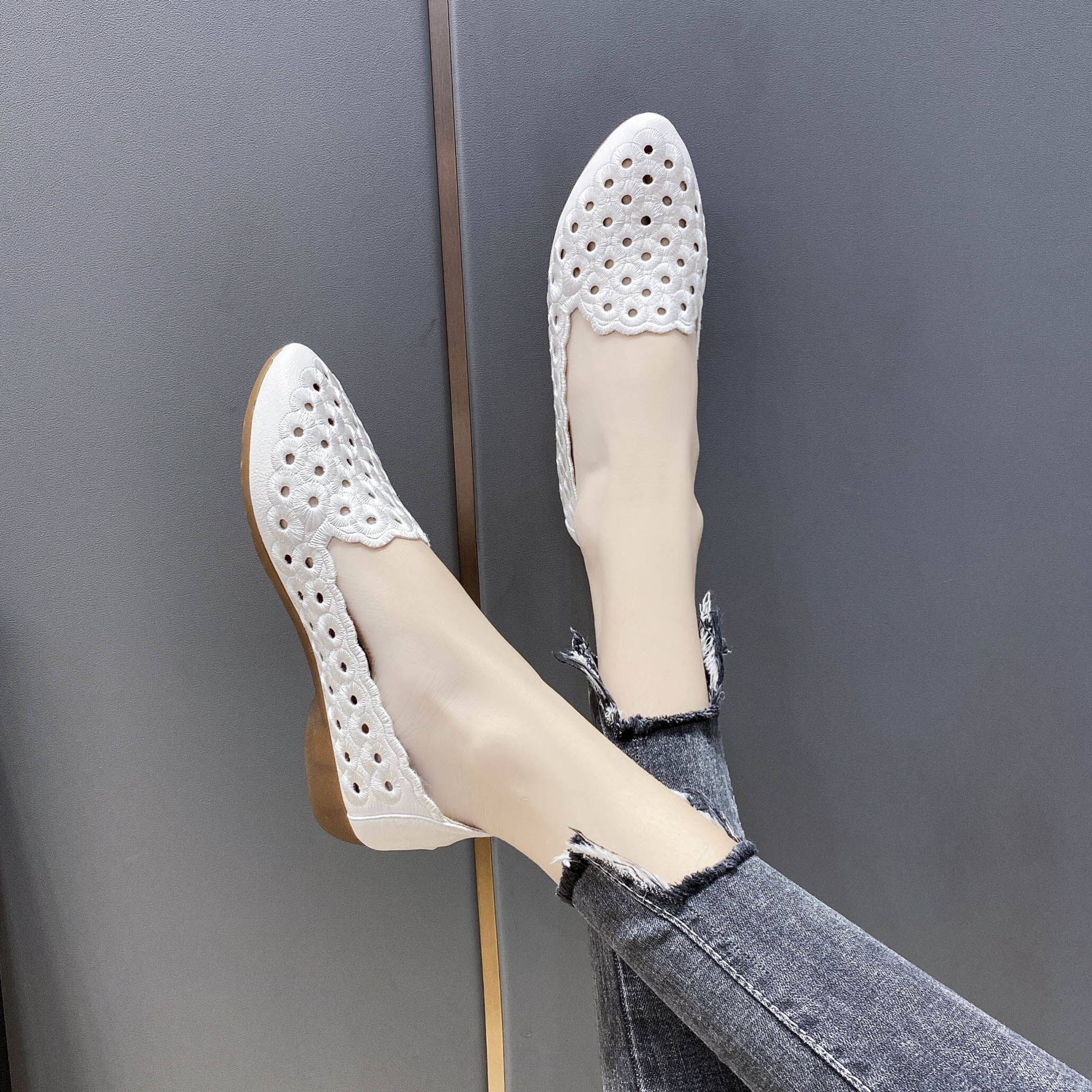 白色平底尖头漆皮洞洞鞋女镂空女鞋子平跟软单鞋