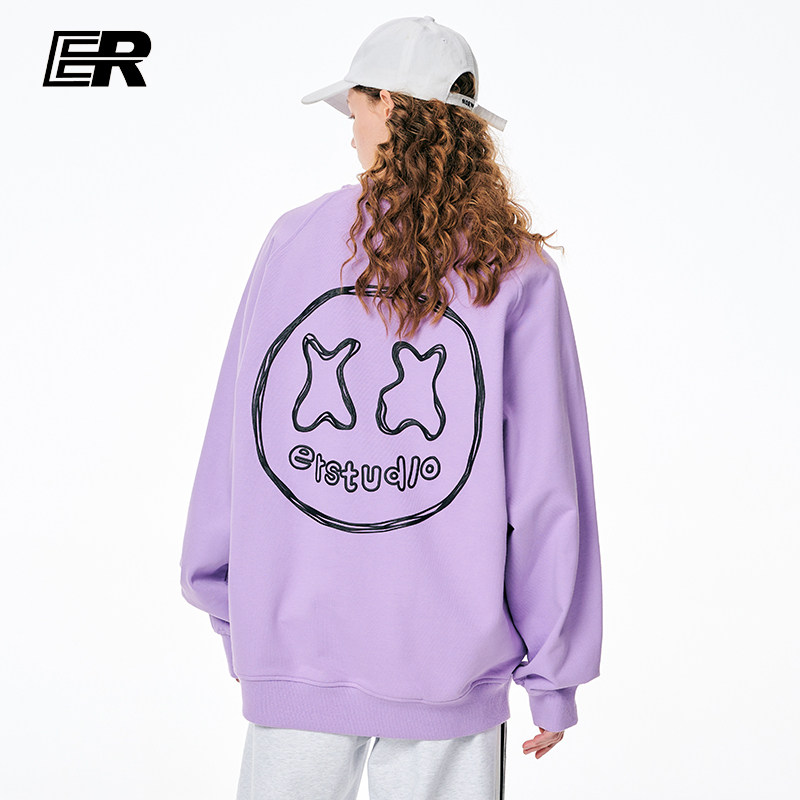 er笑脸描边字母圆领卫衣男春秋秋季撞色情侣装卫衣