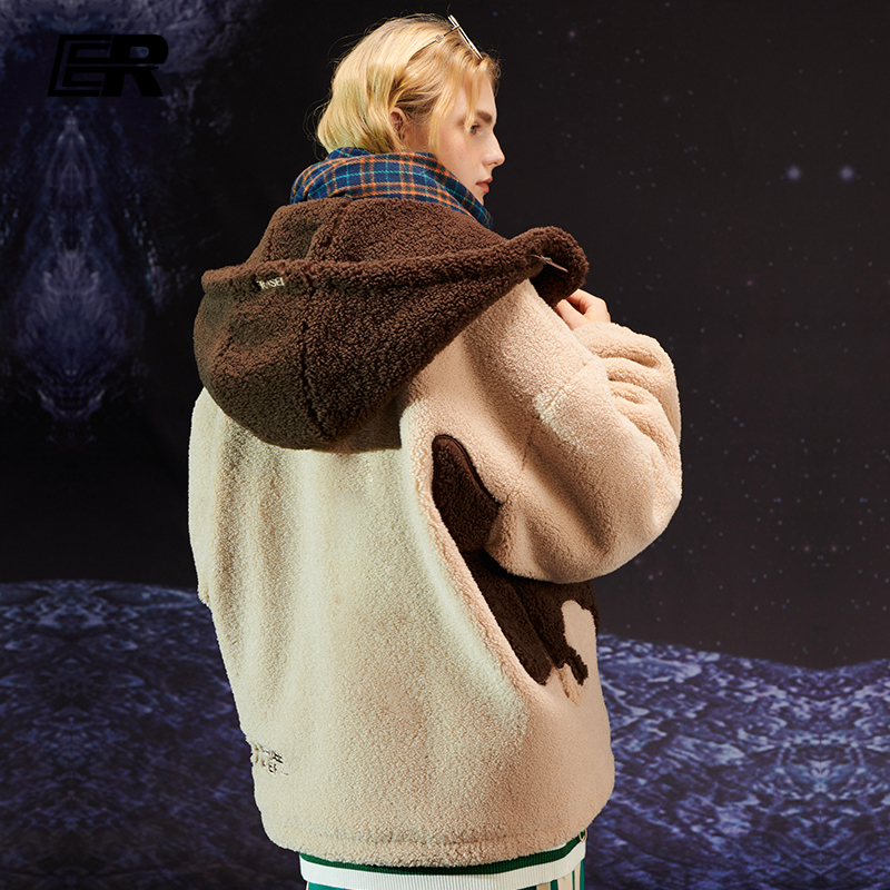 er笑脸羊羔绒棉服2021年冬季新款休闲连帽国潮外套男女同款上衣厚