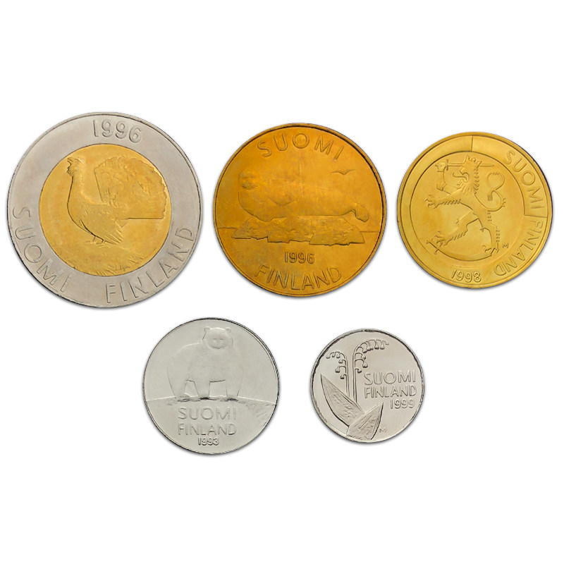 硬币欧盟成立芬兰老版5枚套币双色年份随机投资贵金属
