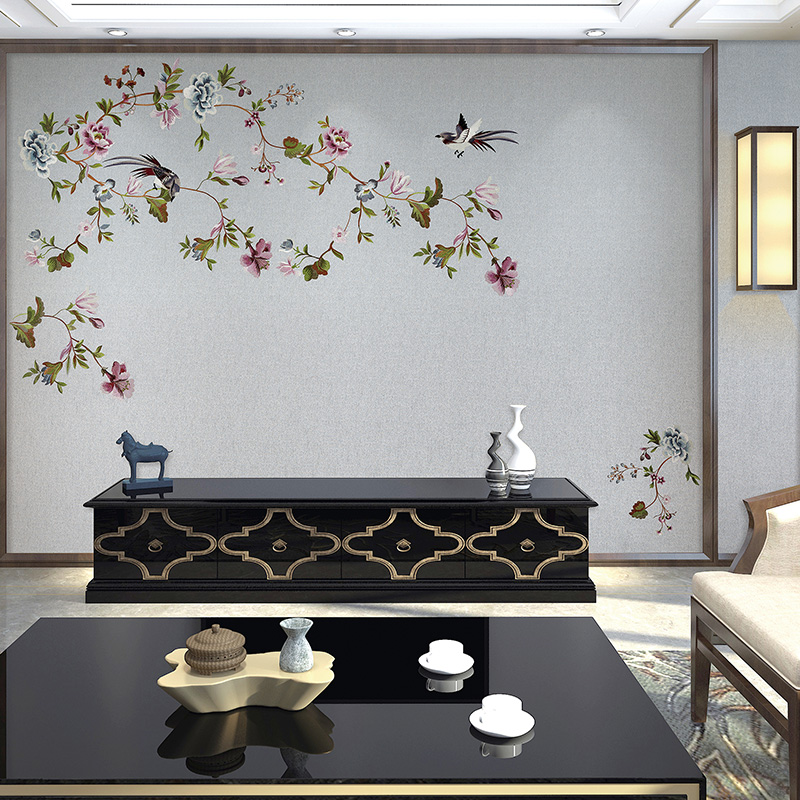 独绣墙布现代新中式花鸟客厅电视背景墙奢华别墅无缝墙布