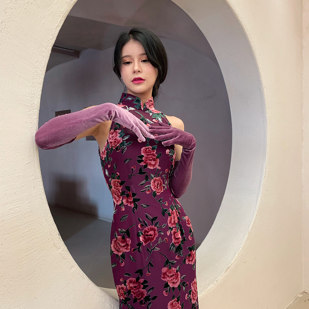 姨太太高贵削肩镂空钉珠开叉丝绒烂花旗袍披肩连衣裙