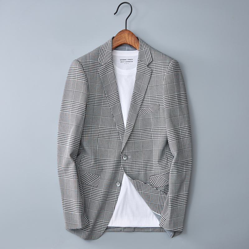 西服外套男欧洲站2023秋季新款男士高端休闲格子印花单西小西装潮