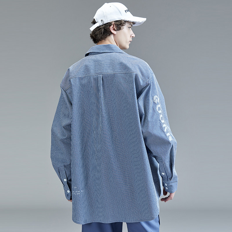 衬衫guuka蓝色条纹长袖青少年ins港风运动多口衬衫