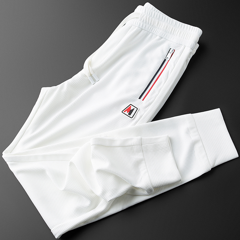 TXV轻奢级夏季薄款华夫格白色运动裤男修身束脚松紧抽绳卫裤男士