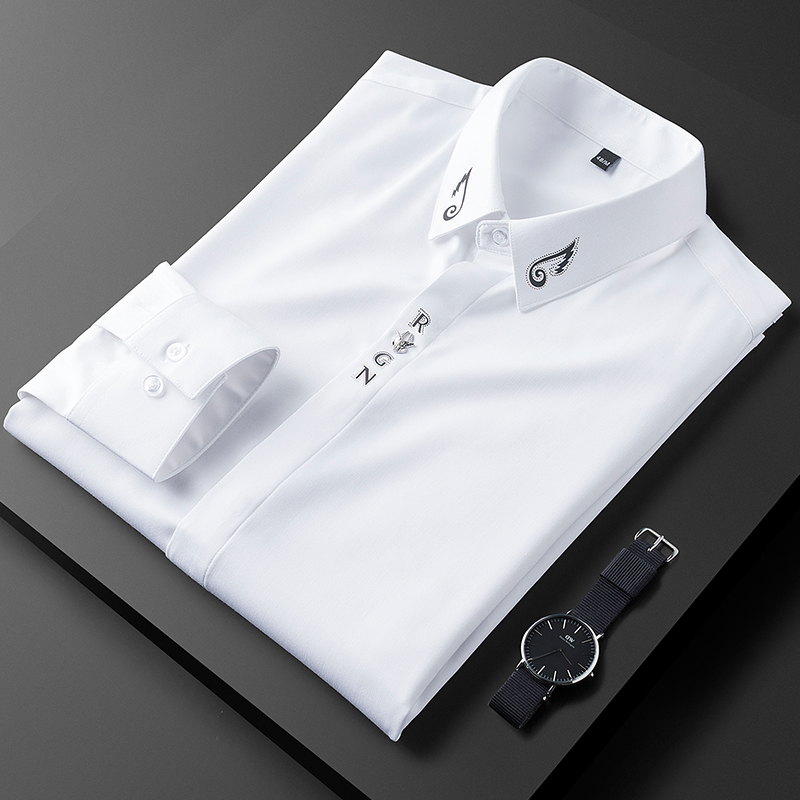 轻奢级欧货春季薄款休闲白色衬衫男长袖修身潮流免烫抗皱衬衣男士