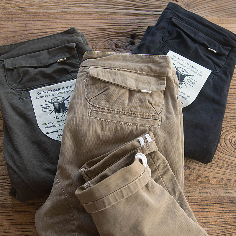 重磅加厚纯棉阿美咔叽复古水洗做旧美式小直筒休闲工装长裤春潮男