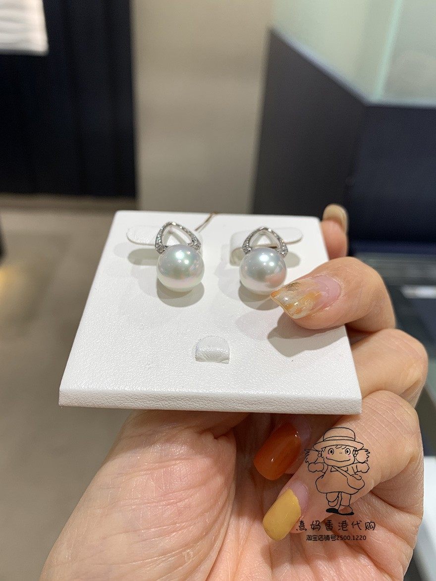 香港mikimoto御木本18k白金钻石南洋白珍珠女生耳环耳饰